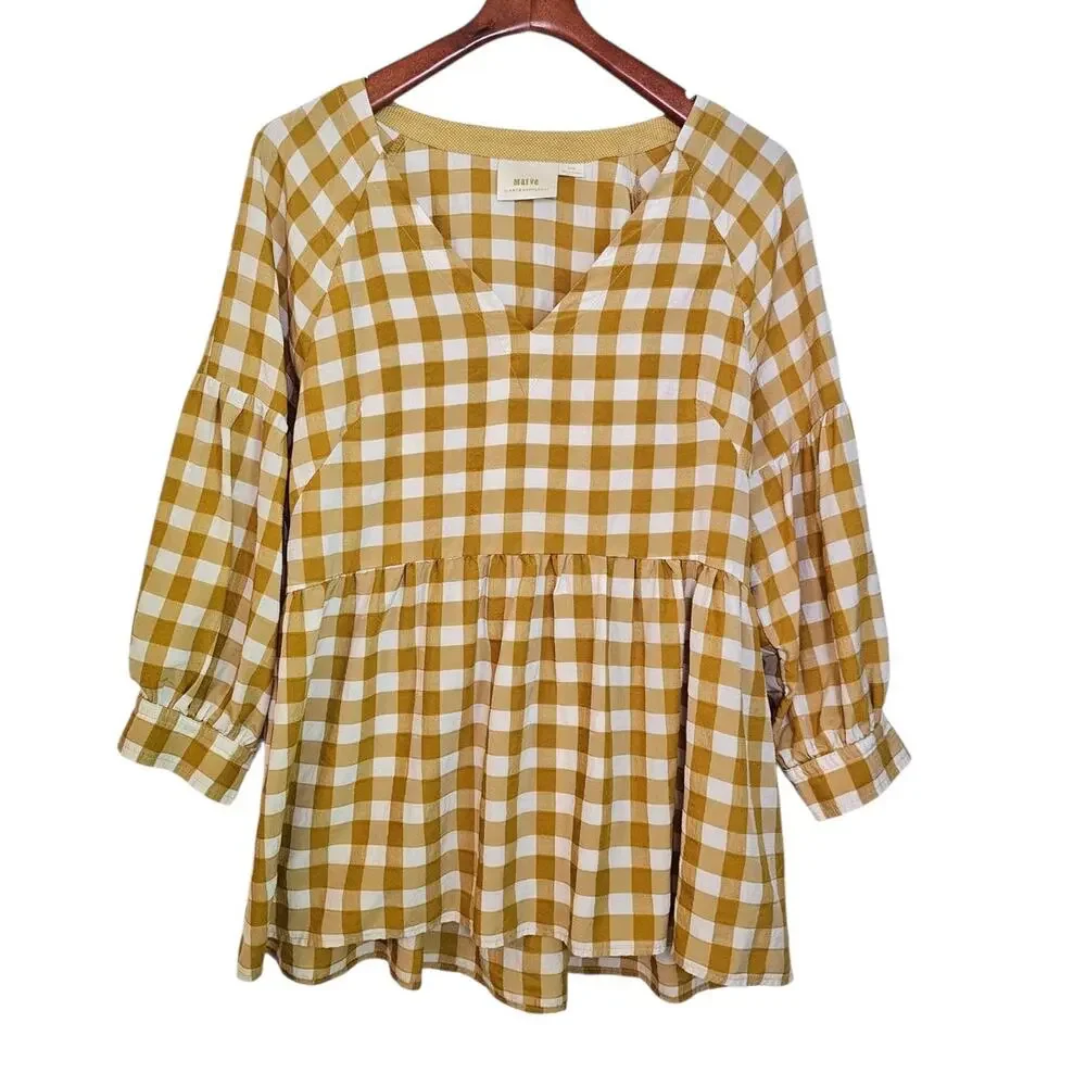 Maeve by Anthropologie April Gingham Mustard Yellow & White Boho Babydoll Blouse